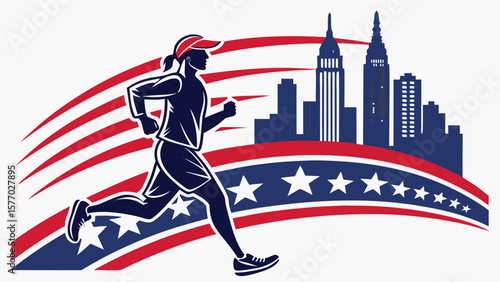 Silhouette of a woman running with american flag and city skyline in the background patriotic design