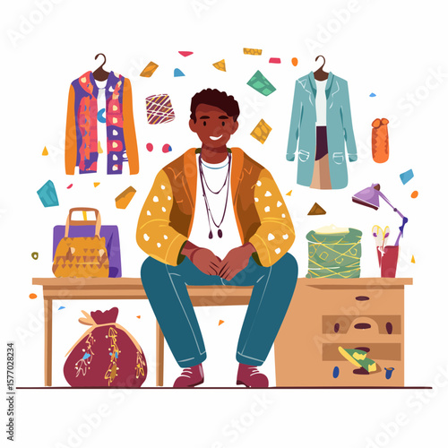 Stylish Silhouette: A vibrant young man in a relaxed setting, surrounded by a display of clothing and accessories, exudes a sense of individuality and fashion forwardness.