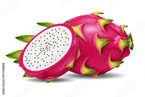 A detailed graphic shows a vibrant dragon fruit, split open to reveal its speckled interior, ideal for food-related designs.