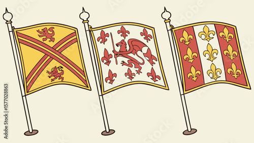 Heraldic flags vector illustration featuring fleur de lis dragon and lion symbols for graphic design needs