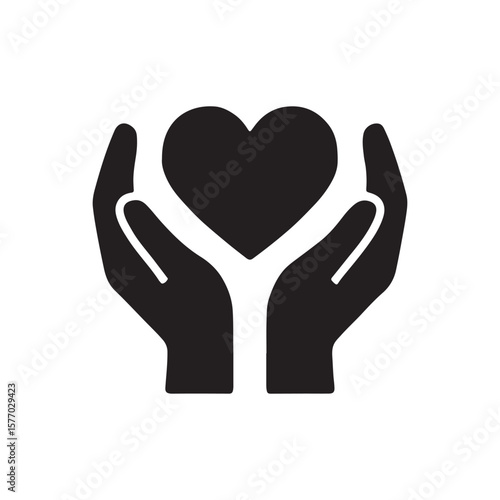 Vector icon of cupped hands holding a heart, symbolizing care, giving, health, and love.