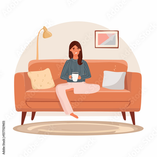 Serene Moment on the Sofa: A woman enjoys a quiet afternoon, comfortably seated on a cozy sofa, sipping from a warm mug and basking in the ambiance of a relaxed living room.