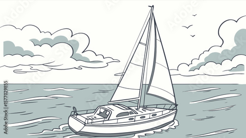 Sailing boat on the water with clouds and birds in the sky illustration for coloring book page art