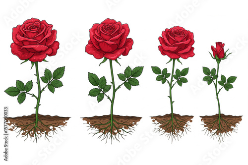 Roses graphic showing growth stages with red blossoms, green stems, leaves and root system, suitable for design projects.