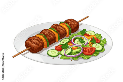 Delicious looking kebab skewer with salad graphic, ideal for food blogs or culinary promotions showing fresh, tasty meal designs.