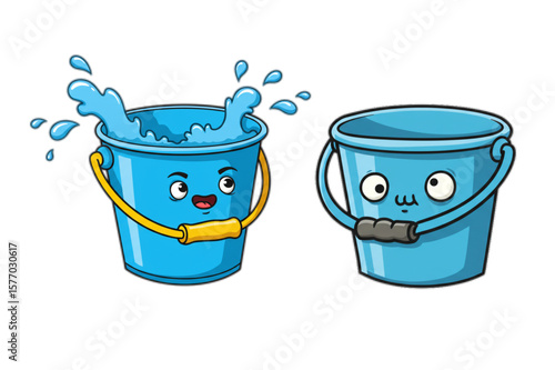 Playful cartoon buckets with water splash, ideal for creative designs or children's media with a fun, aquatic or educational theme.