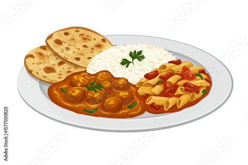 Delicious food on a white plate including naan bread, rice, curry meatballs, and tomato pasta, great for food blogs and menu designs.