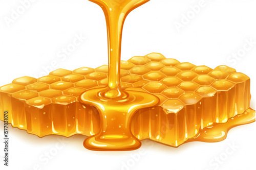 Golden honeycomb piece dripping with delicious honey, a sweet graphic ideal for organic food brands or honey product packaging.