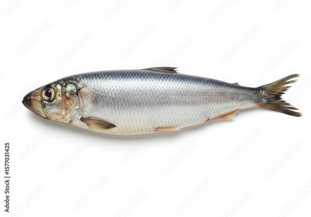 Fototapeta premium A single fresh herring fish with detailed scales and fins isolated on white background