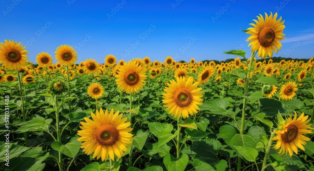 Obraz premium Vast Field of Vibrant Sunflowers Under a Clear Blue Sky on a Sunny Day
