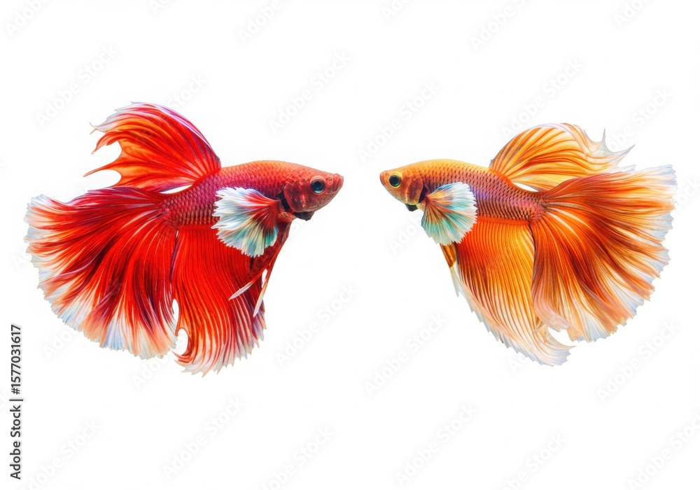 Fototapeta premium Two vibrant betta fish with flowing fins facing each other isolated on white background