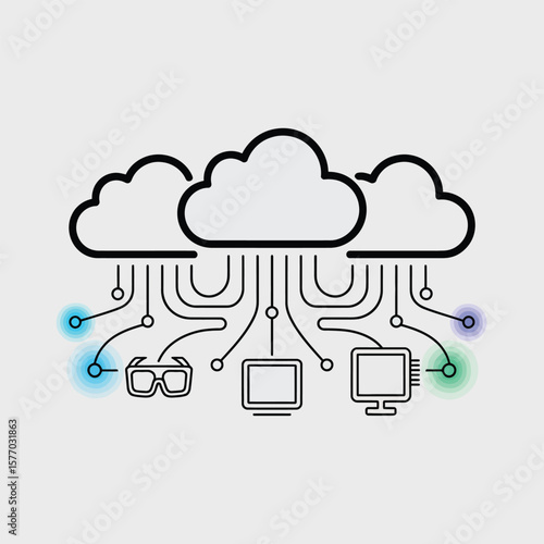 Three Black Outline Clouds Connected to Three Devices and V R Glasses via Circuit Lines Light Blue Green Dots Illustration of Data Network Cloud Computing Technology