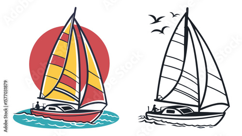 Sailing boat vector illustration, yacht on the water with birds, nautical sport and recreation design art