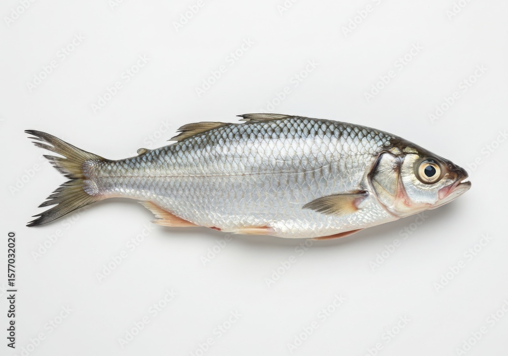 A single fresh silver fish with detailed scales and fins isolated on white background A single fresh silver fish with detailed scales and fins isolated on white background