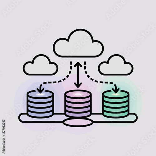 Three Pastel Database Servers Syncing Data with a Central Cloud Server Uploading and Downloading Information via Dotted Lines Simple Line Art Style Illustration