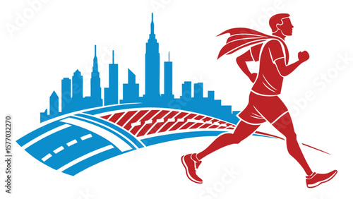Superhero marathon runner in city skyline vector illustration for fitness and sports event promotion design