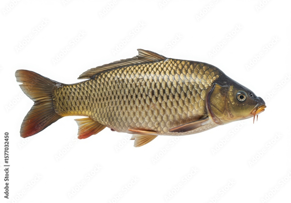 Fototapeta premium A detailed view of a common carp fish with golden scales isolated on white background