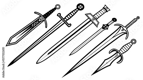 A black vector illustration of two crossed steel swords, a classic weapon design, part of a collection of instruments and tools