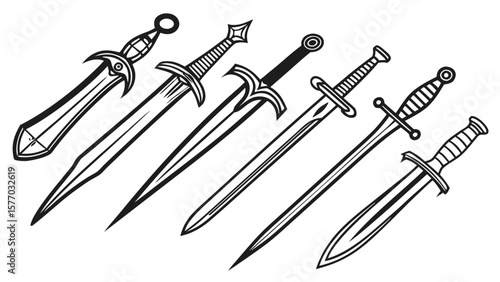 Collection of antique medieval metal sword vectors with sharp blades and vintage handles