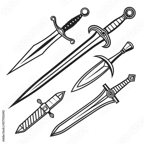 A set of sharp, isolated antique medieval battle swords and daggers with metal blades and old handles, perfect for a vintage weapon collection or military equipment display
