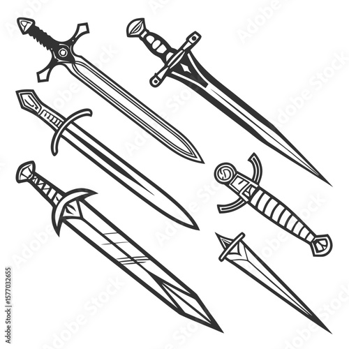 Set of antique vector sword illustrations, isolated sharp steel blades, and military daggers