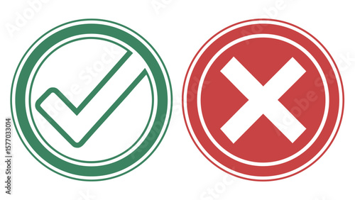 Tick and cross buttons are common web icons and vector illustrations symbolizing yes, no, check, or cancel for voting, acceptance, or rejection