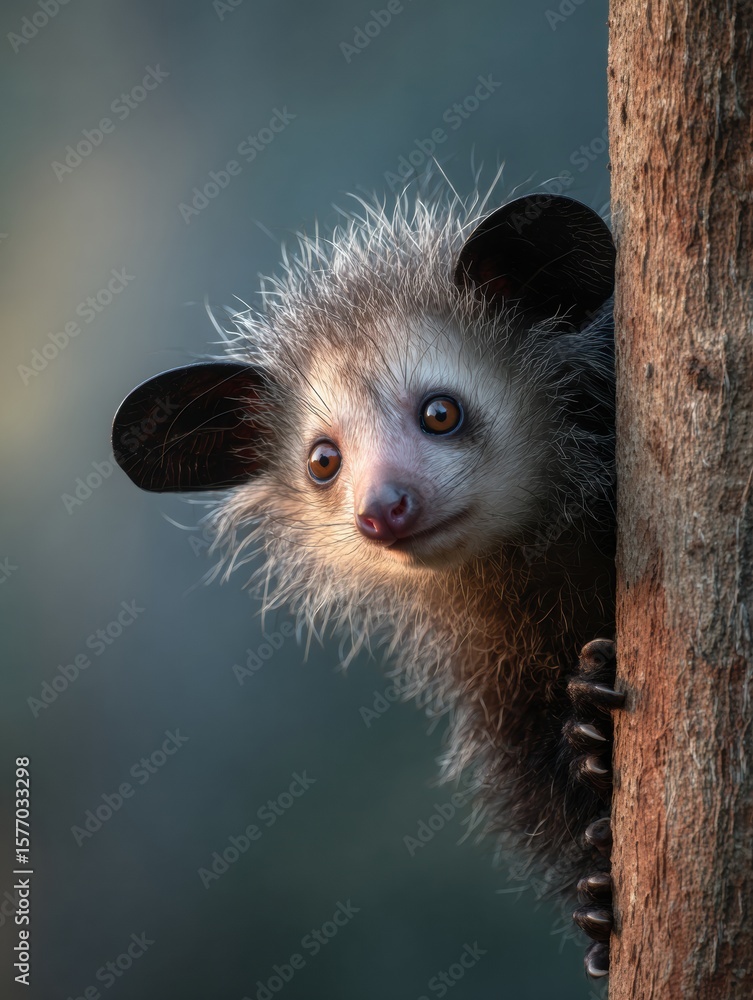 Fototapeta premium Aye-aye Explores Tree Branches at Dusk With Soft Background Highlighting Unique Features