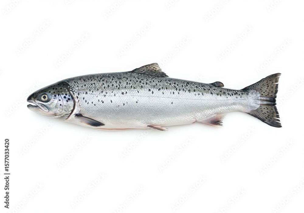 A whole raw salmon fish with silver scales and dark spots isolated on white background A whole raw salmon fish with silver scales and dark spots isolated on white background