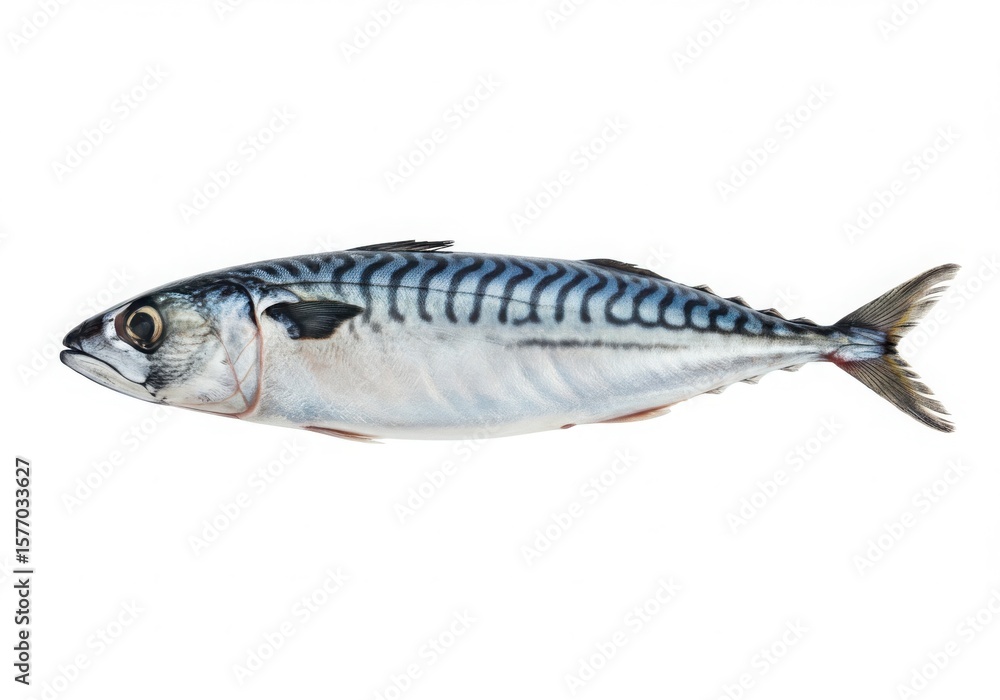 A whole atlantic mackerel fish showing its distinctive wavy markings isolated on white background A whole atlantic mackerel fish showing its distinctive wavy markings isolated on white background