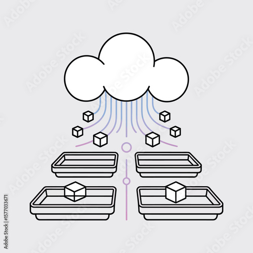 White Cloud Data Storage Server Illustration Featuring Purple Blue Lines Data Cubes Downloading to Rectangular Trays Servers Data Transfer Concept