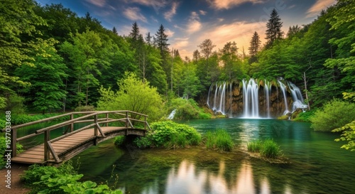Enchanting Forest Waterfall and Wooden Bridge in Lush Greenery at Sunrise