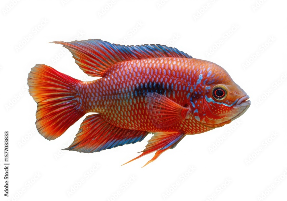 Fototapeta premium Vibrant red and blue cichlid fish displaying intricate scale patterns isolated on white background