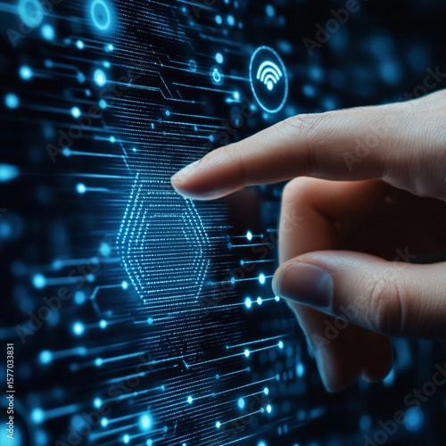 Finger touches digital display, activating blockchain interface in a futuristic technology setting with glowing blue lights and abstract circuitry.