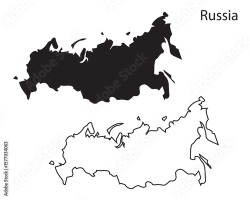 Simple Russia map silhouette vector. Clean black outline of the largest country spanning Europe and Asia, ideal for design and infographic projects.

