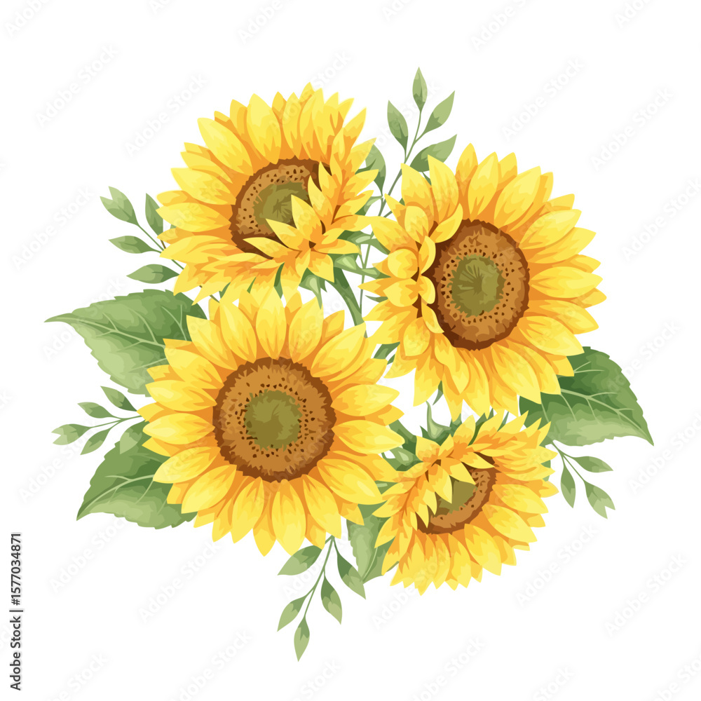 Naklejka premium Watercolor Sunflowers: An illustration of a beautiful watercolor sunflowers with radiant yellow petals and vibrant green leaves, symbolizing warmth, joy, and lasting beauty.