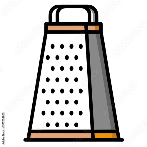 Flat vector grater tool for cheese or vegetable shredding. Works well in ingredient layout or cooking infographic.