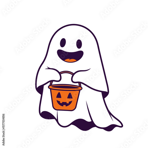 Friendly Halloween Ghost: A charming cartoon ghost, holding a pumpkin-shaped candy pail, embodies the spooky spirit of Halloween with a playful smile.