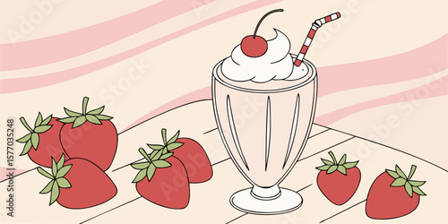 Chilled strawberry milkshake in a glass, surrounded by ripe strawberries on a soft pink, white, and wooden surface. A refreshing and nutritious beverage concept.