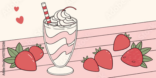 Chilled strawberry milkshake in a glass, surrounded by ripe strawberries on a soft pink, white, and wooden surface. A refreshing and nutritious beverage concept.