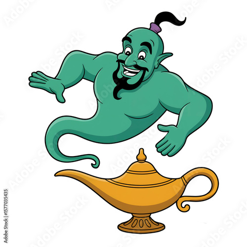 Friendly Green Genie Emerging from Magic Lamp.