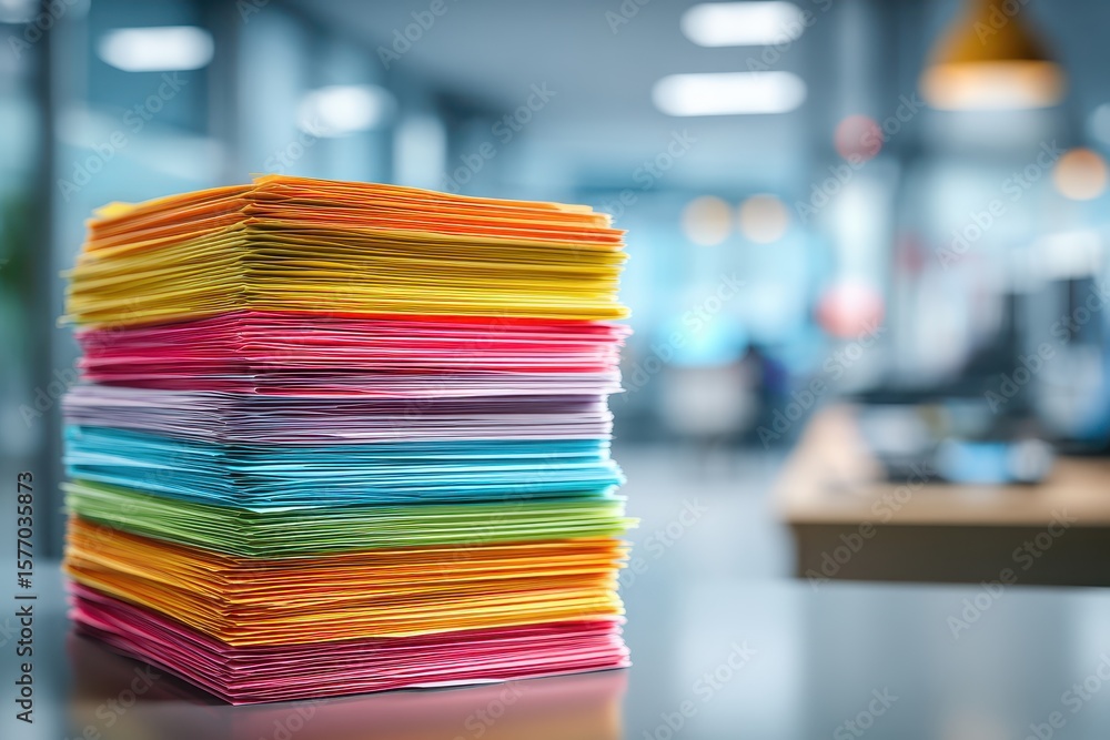 Stack of colorful paper on a table in an office setting. Illustrate paperwork, organization, design and creative projects. Stack of colorful paper on a table in an office setting. Illustrate paperwork, organization, design and creative projects.