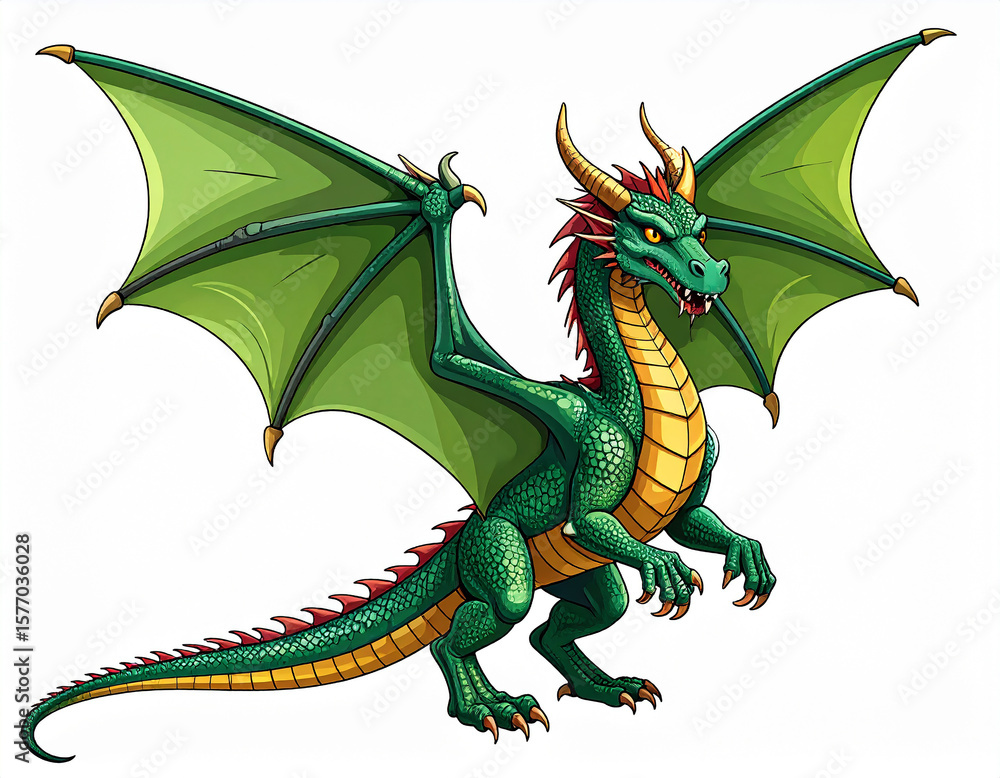 Obraz premium Fantasy Dragon Illustration on White Background – Mythical Creature with Wings, Scales, and Fierce Expression, Isolated Vector Art for Fantasy Design, Game Assets, or Mythology Themes