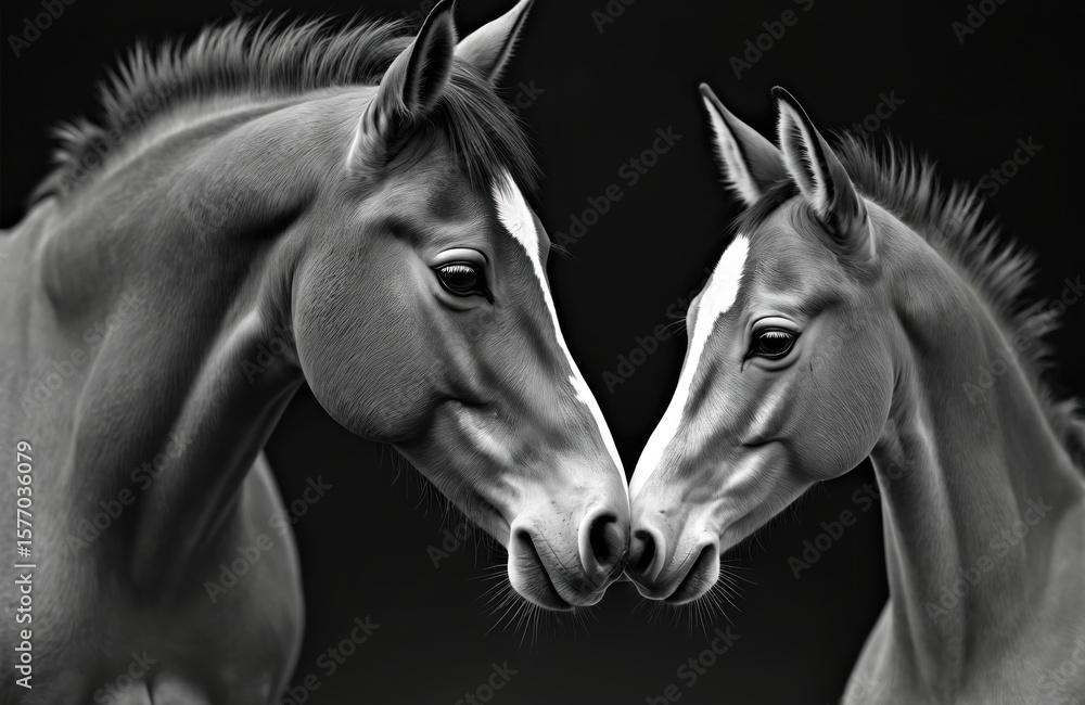Obraz premium Majestic mare and foal stand side by side, bodies parallel, manes and tails flowing. Black and white image highlights regal features of horses. Simple background emphasizes equine beauty.