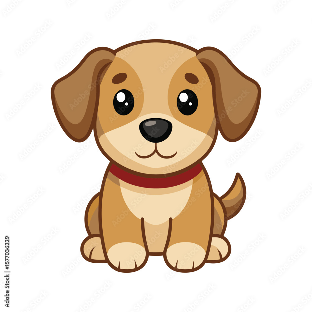 Fototapeta premium Cute cartoon puppy dog with floppy ears and a red collar sitting