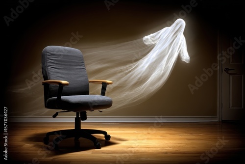 A chair is shown with a ghostly figure blowing a white sheet of paper