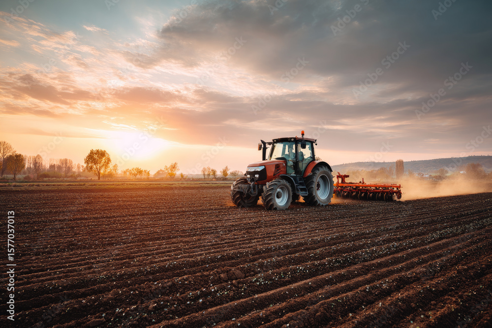 Obraz premium Tractor drives across large field making special beds for sowing seeds into purified soil. Agricultural vehicle works at sunset in countryside