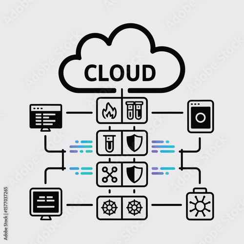 Abstract Cloud Computing Network Diagram Data Security Protection Illustrated with Black Icons Fire Test Tubes Shields Servers Connected Lines Light Gray Background