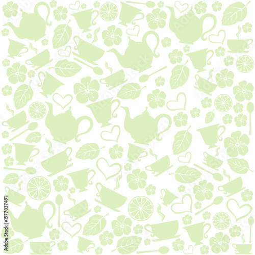 Green tea background. Seamless pattern with tea pots and tea cups.Good for textile fabric design, wrapping paper, website wallpapers, textile, wallpaper and apparel. Vector Illustration
