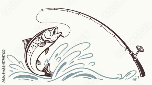 Fishing adventure illustration featuring a jumping fish and fishing rod for outdoor recreational activity fun