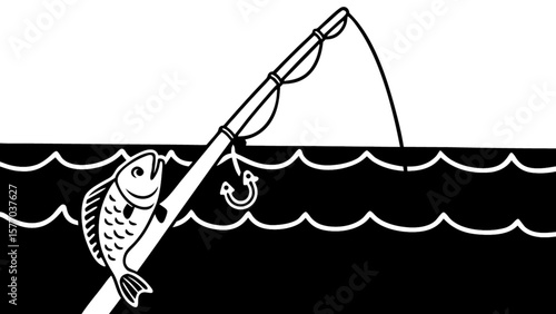 Fishing illustration of a fish caught on a hook with a fishing rod in the water simple vector art